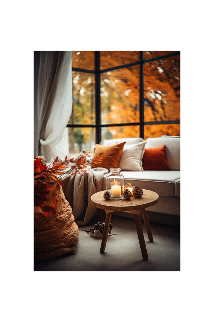 Cozy fall decor ideas for the home featuring a living room with a rustic table and flickering candles by the window.