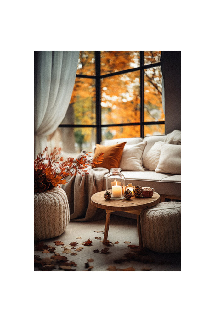 A cozy living room adorned with fall decor ideas for the home, featuring a candle and autumn leaves.