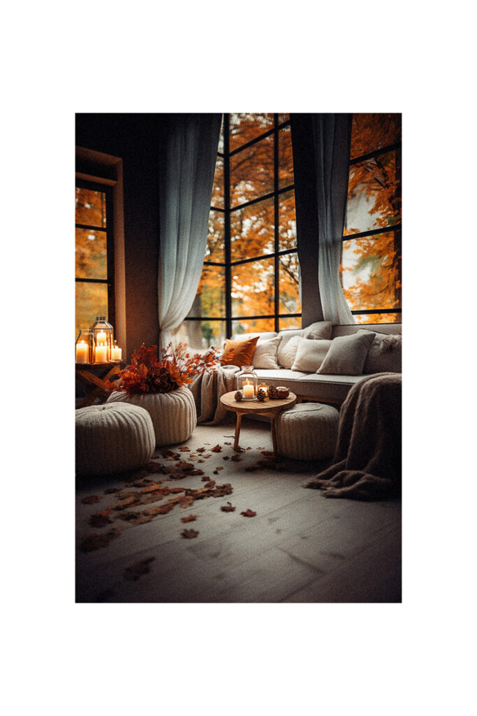 Fall decor ideas for the home with a living room featuring a large window and fall leaves.