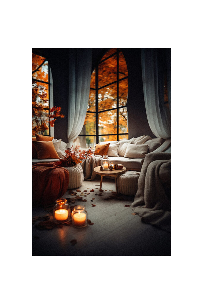 A cozy living room with candles and fall decor.