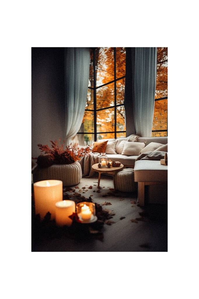A cozy living room with fall decor ideas and a window.
