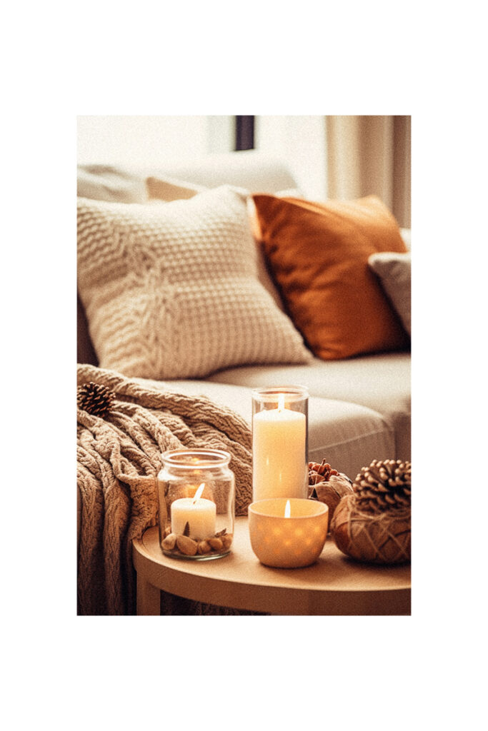 Fall decor ideas for the home featuring candles and pillows on a table in a living room.