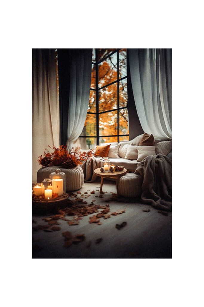 Fall decor ideas for the home: A living room decorated with candles and fall leaves.
