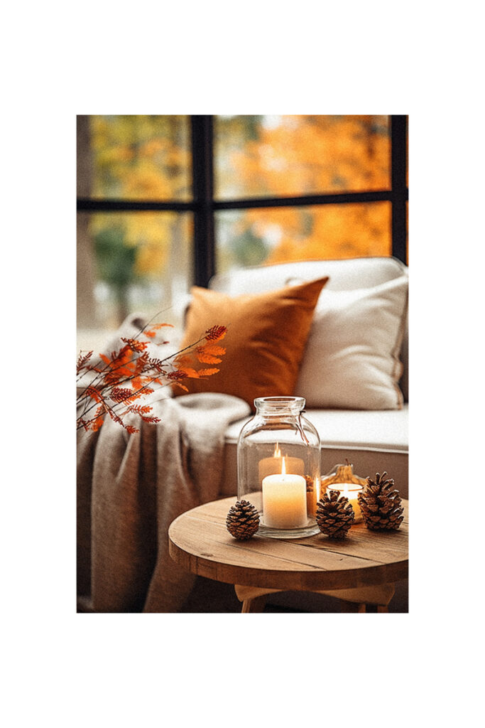Fall decor ideas for the home featuring a table with candles and pine cones in front of a window.