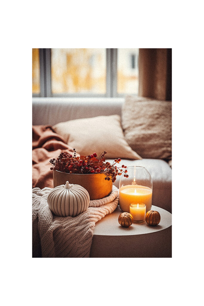 Candles and pumpkins on a table in front of a window, fall decor.