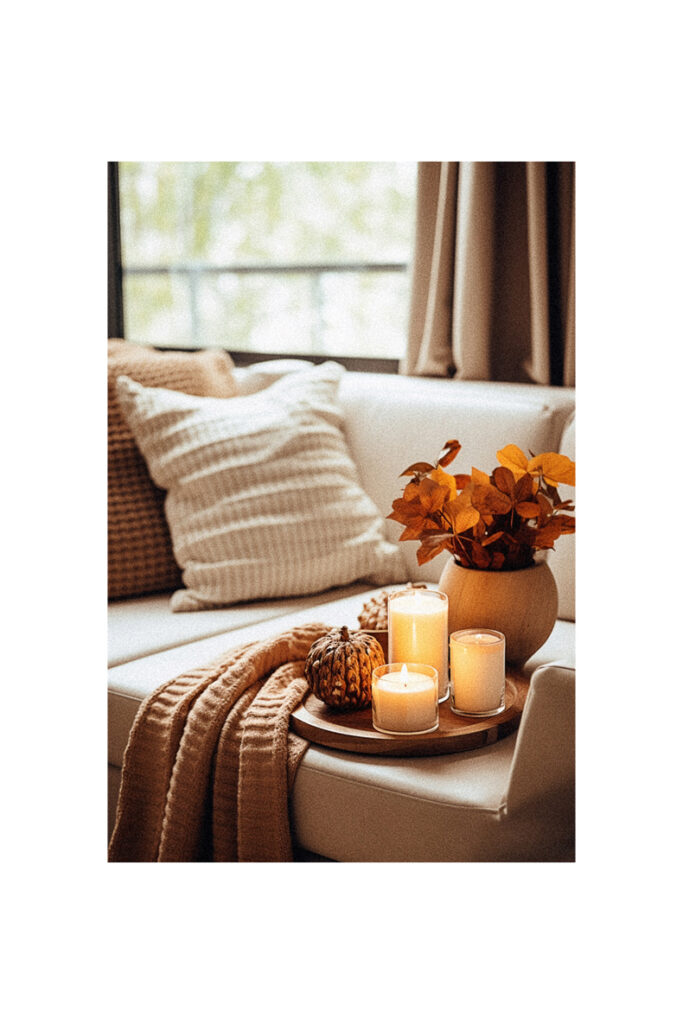 Fall decor ideas for the home: A cozy living room adorned with candles on a tray.