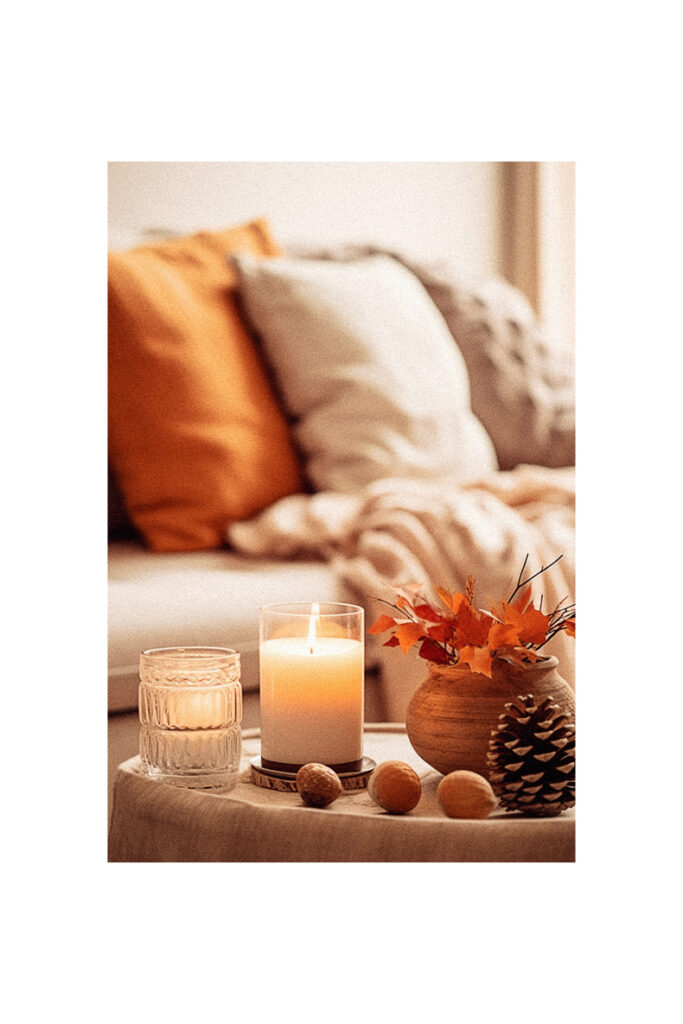 Fall decor ideas for the home: A candle sits on a table next to pine cones.
