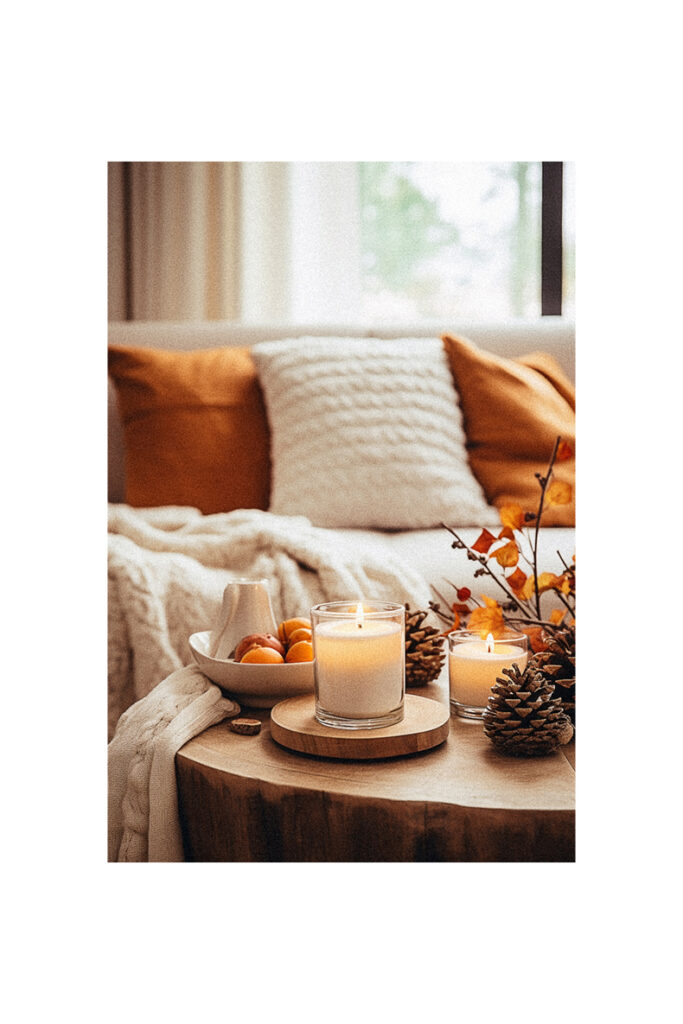 Fall decor ideas for the home with candles and oranges on a wooden table.