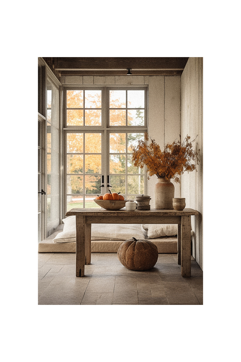 A rustic farmhouse table adorned with pumpkins and flowers for a cozy fall decor.