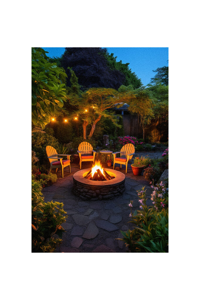 A garden with a fire pit.