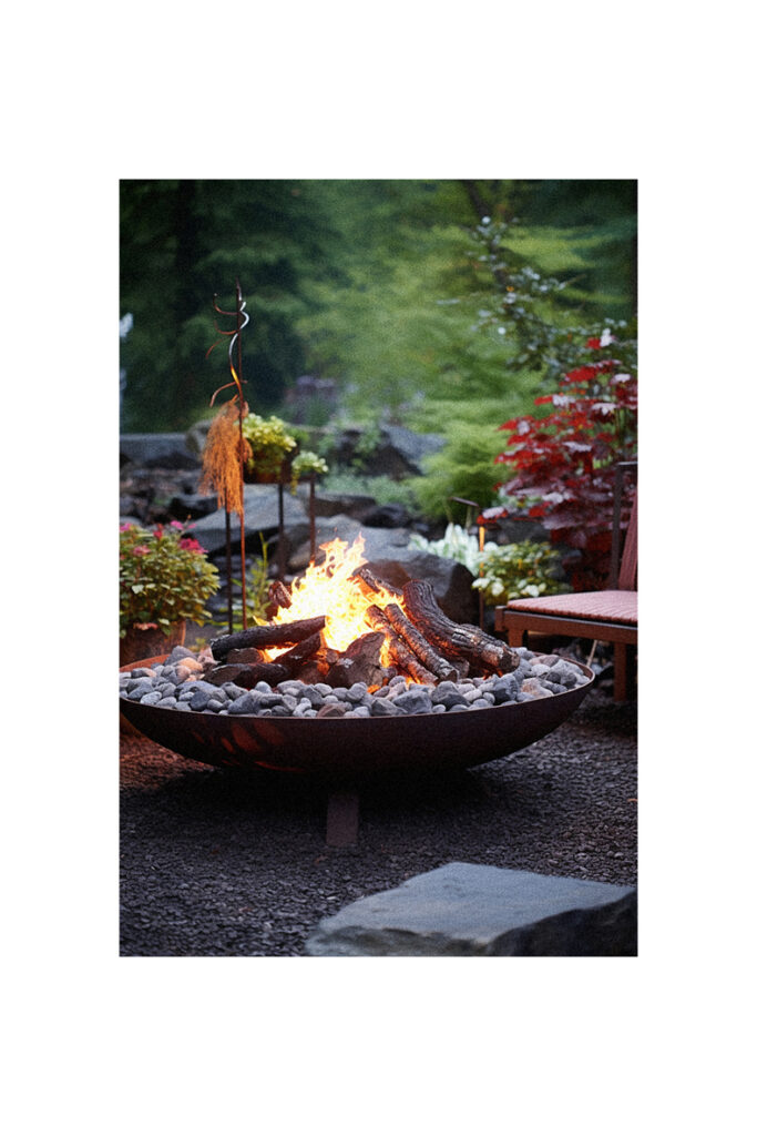 A garden with a fire pit feature.