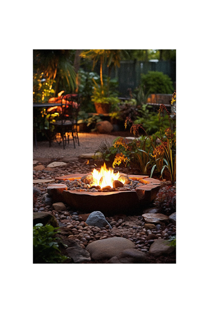 A garden fire pit at night.