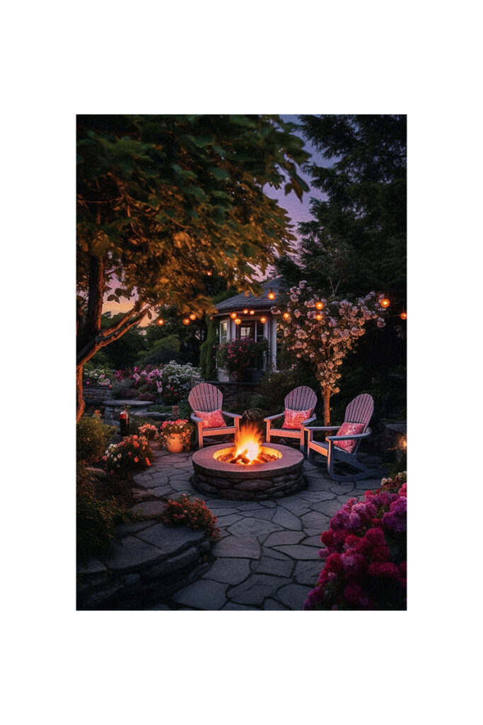 A garden with a fire pit.