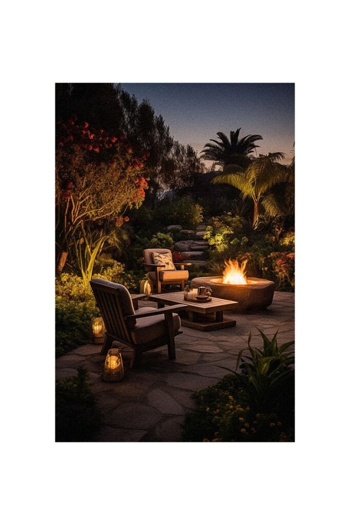 A garden with a fire pit illuminating the night.