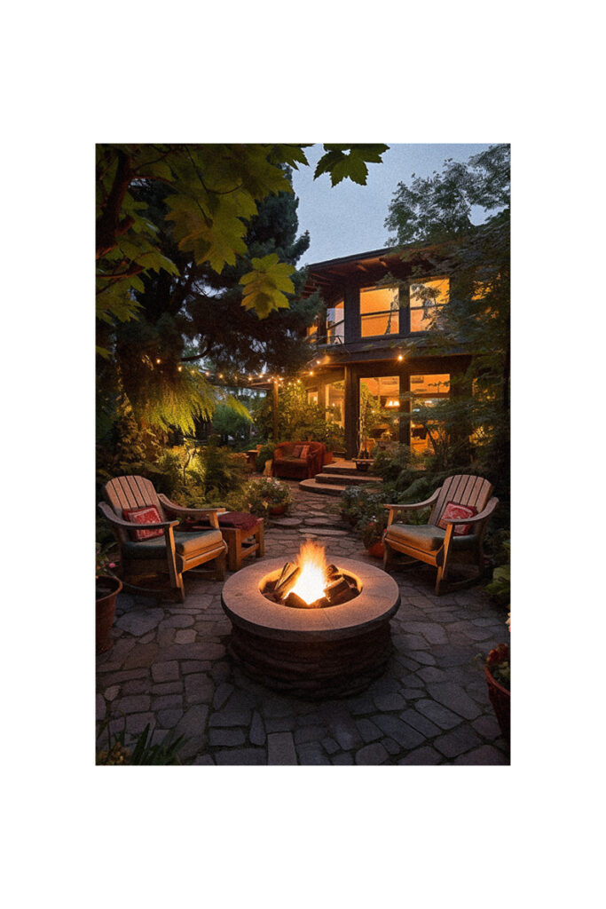 A fire pit in the middle of a garden at dusk.