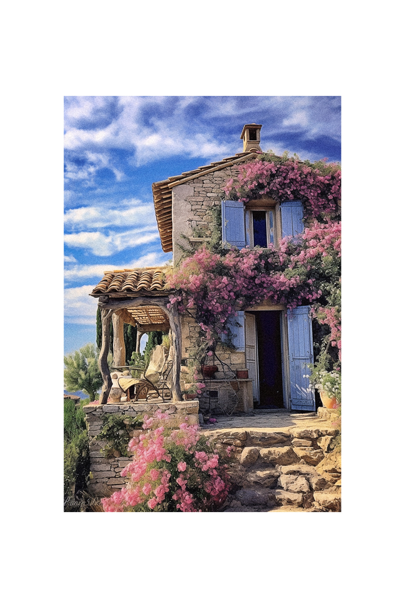 A French Country Cottage with blue shutters and pink flowers.