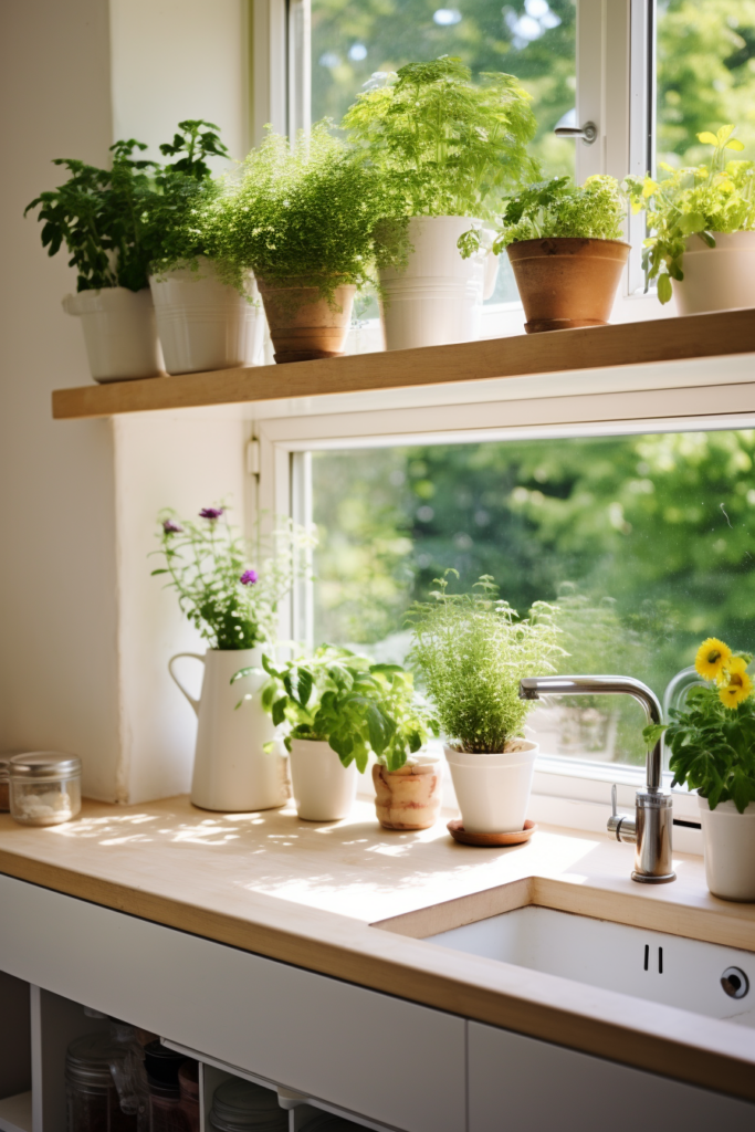 Potted herbs on a window sill in a kitchen.