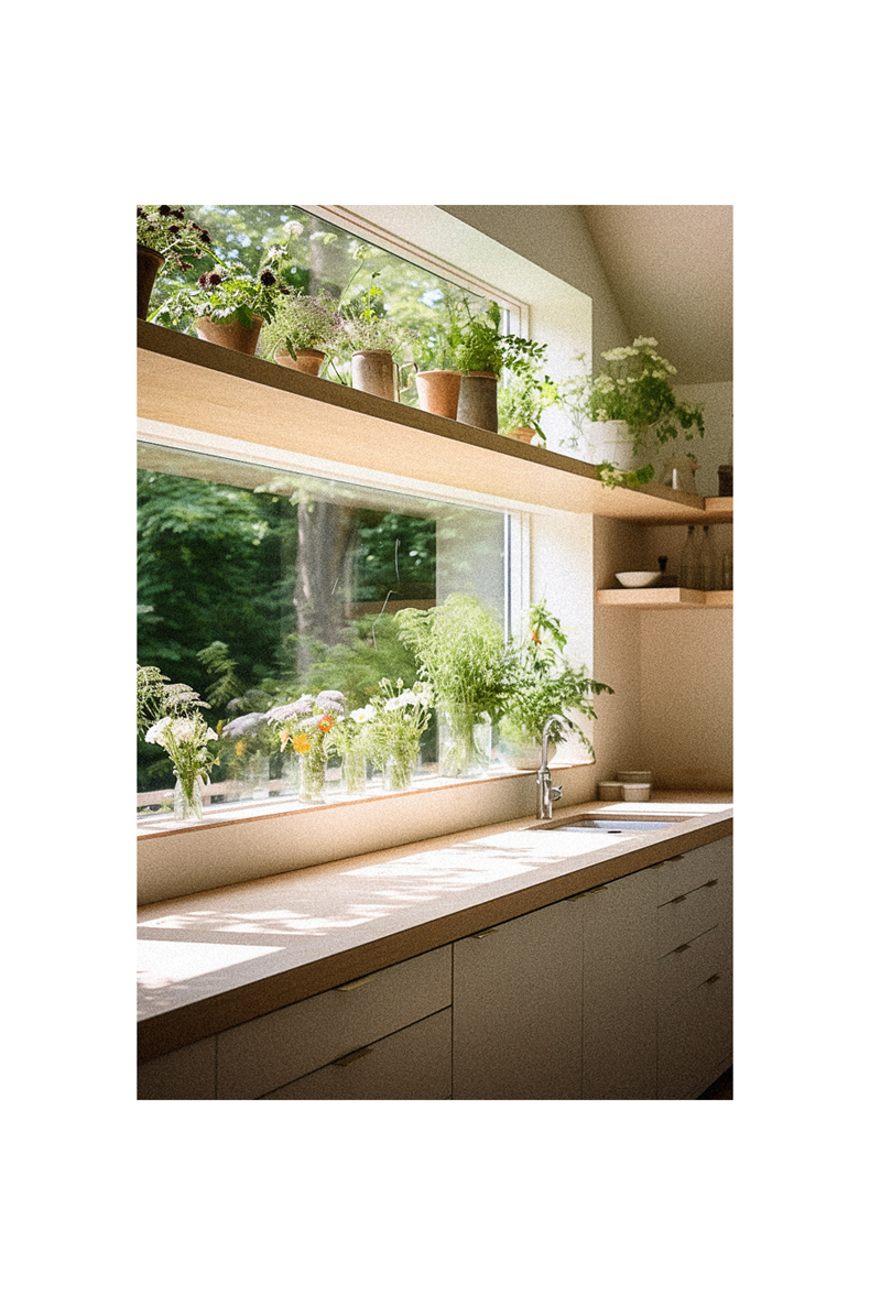 A kitchen featuring plants on the window sill.