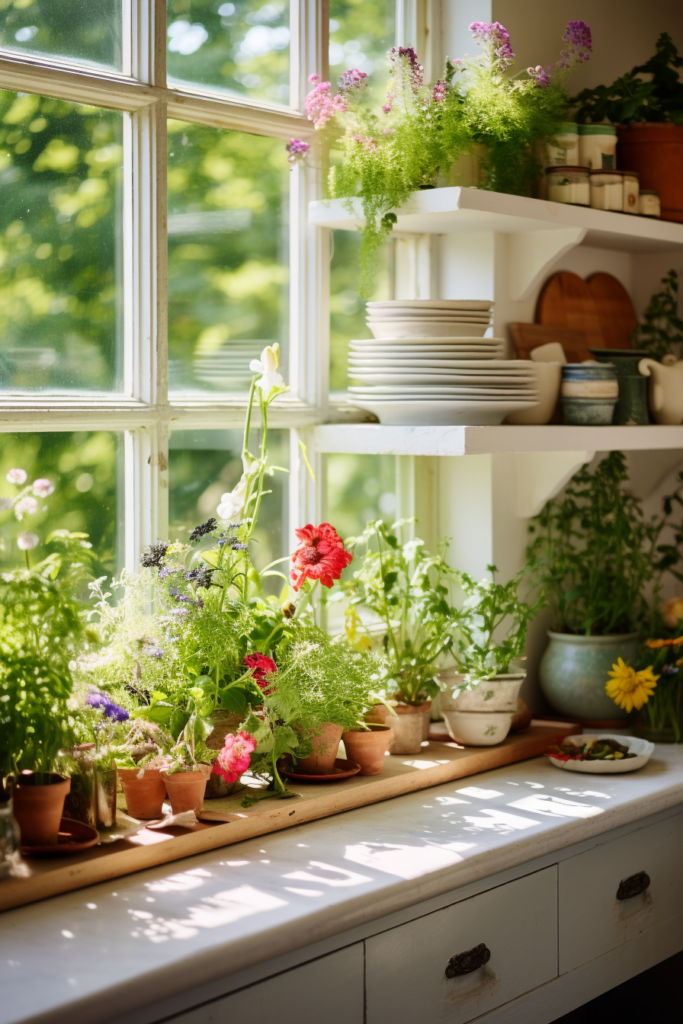 A kitchen with potted plants on a window sill.