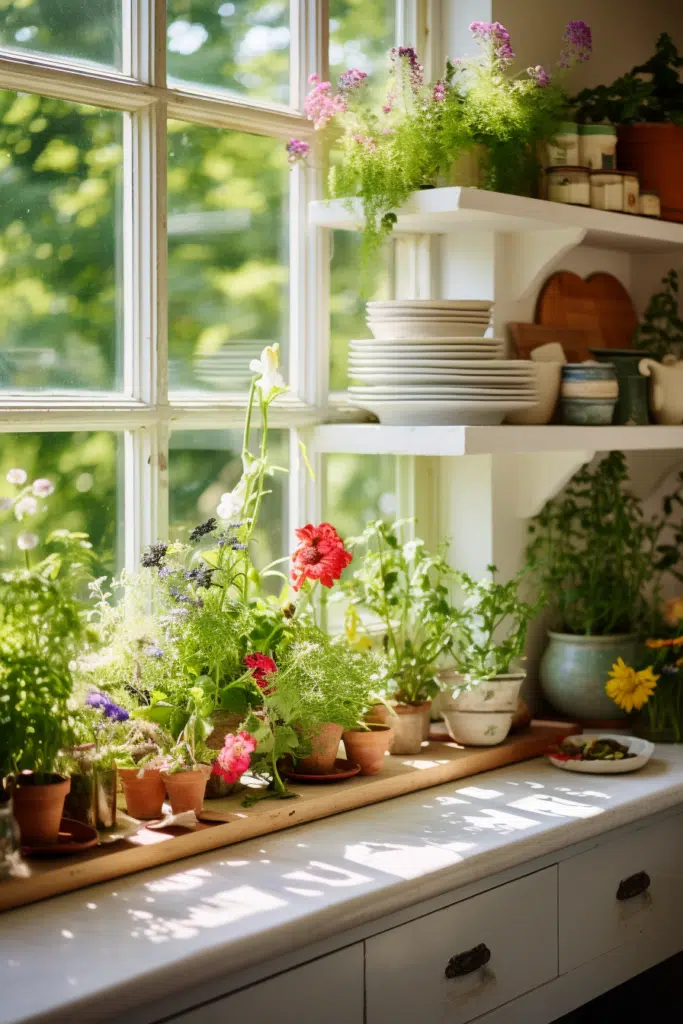 A kitchen with potted plants on a window sill, showcasing the beauty of a kitchen garden.
