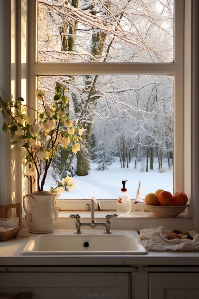 A kitchen window with a view of a snowy forest.