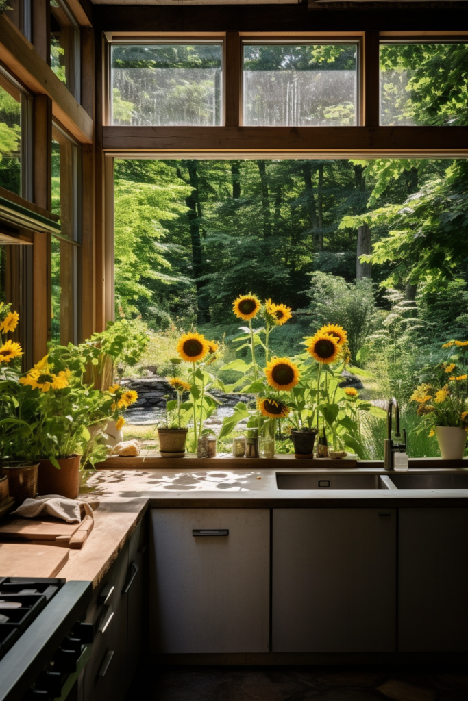 A kitchen with a sunflower-filled window.