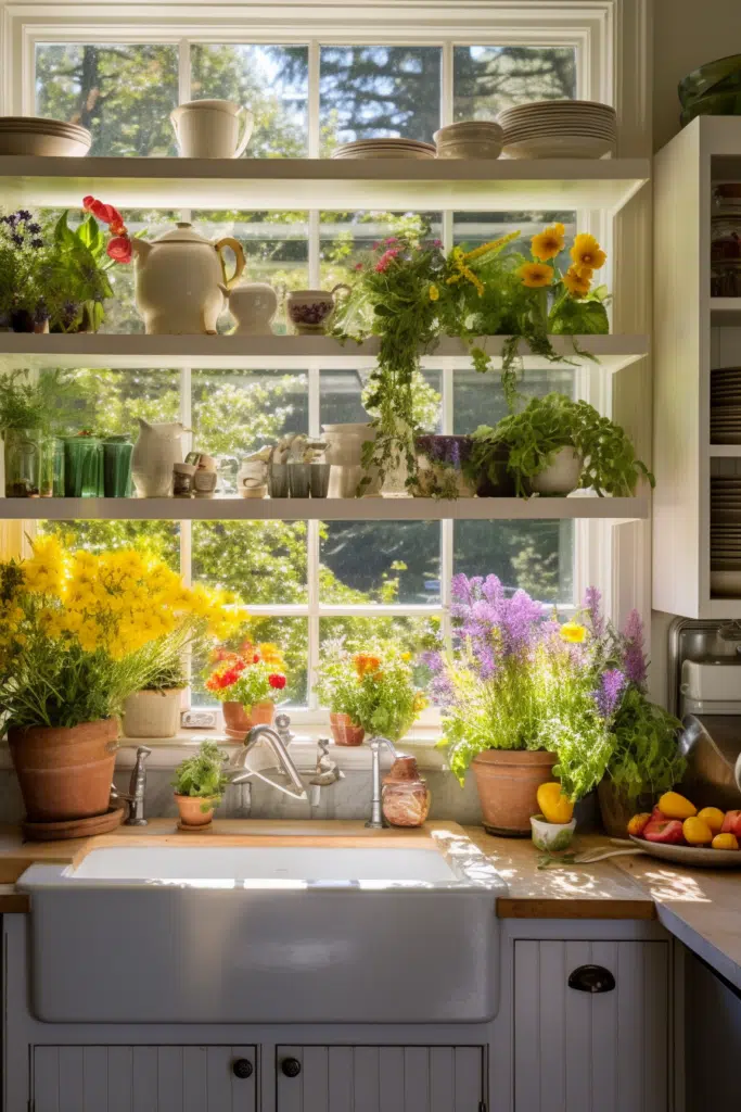 A kitchen with plants and an abundance of natural light filtering through the windows.