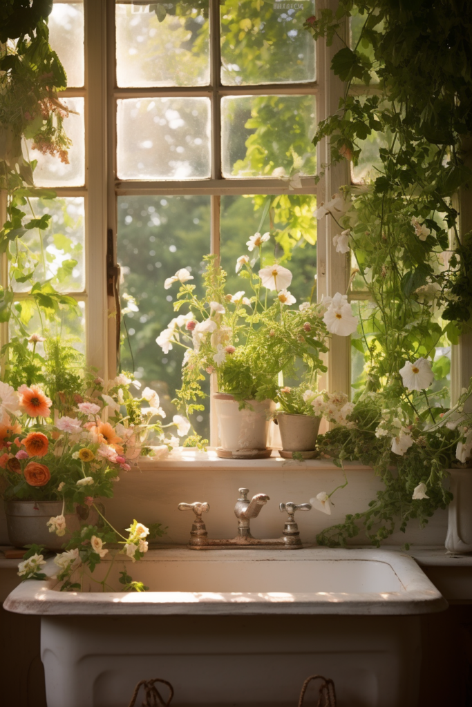 A kitchen window over sink with flowers in it.