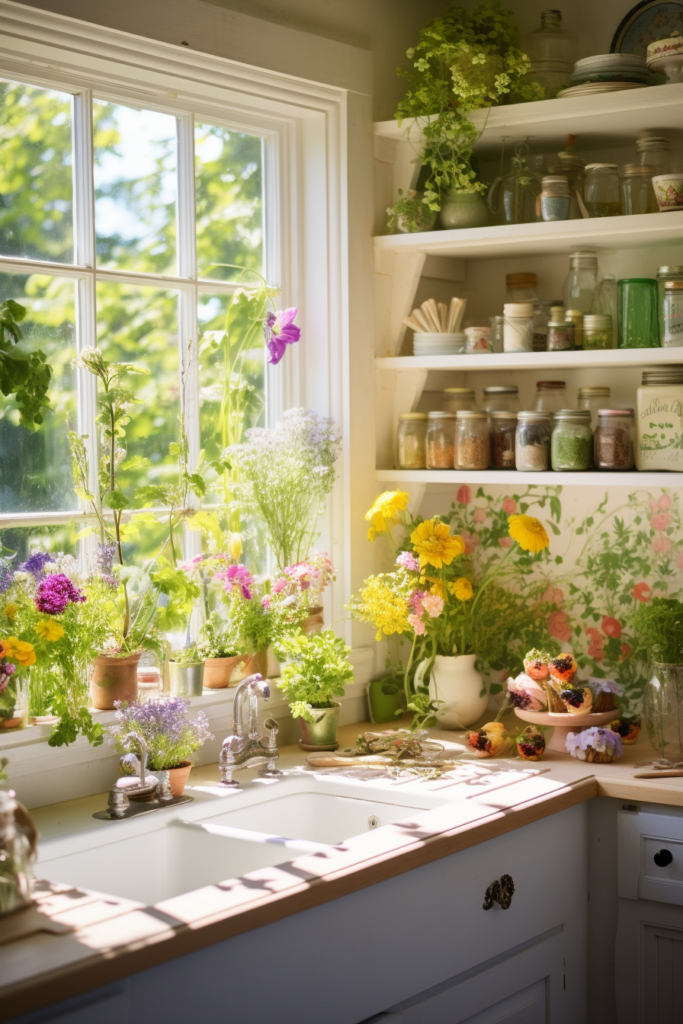 A kitchen with jars of flowers and pots on the counter.