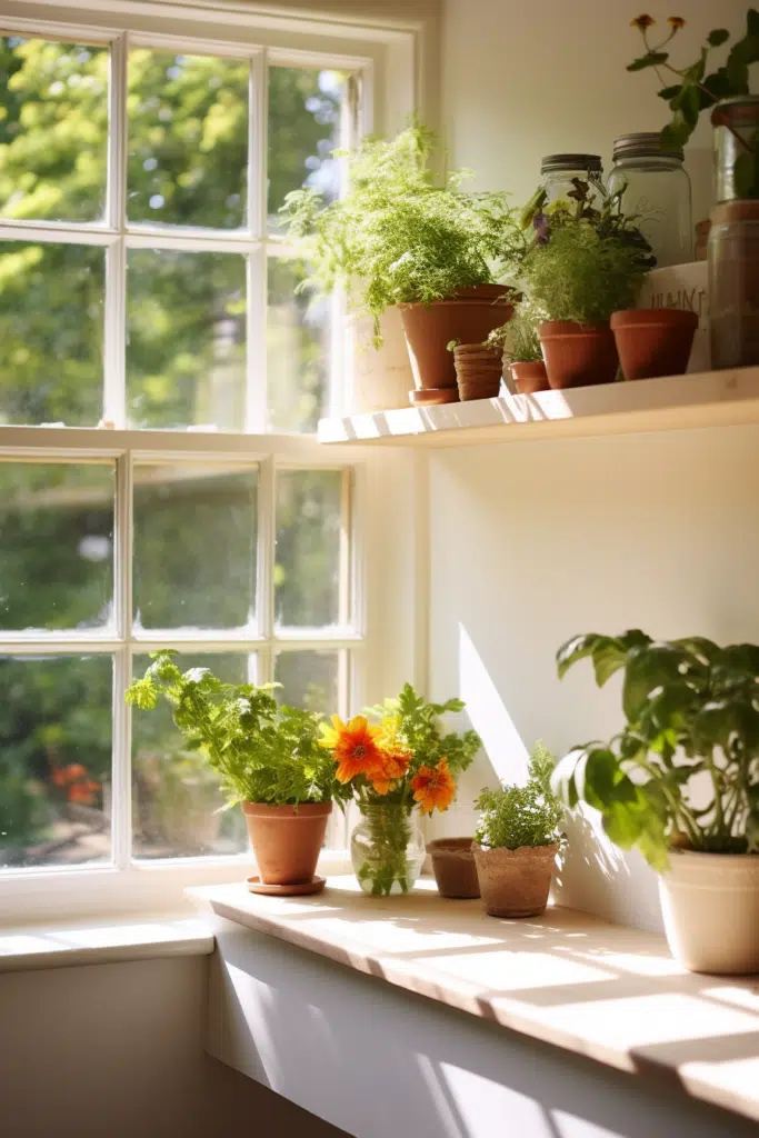 A kitchen garden with potted plants on a shelf