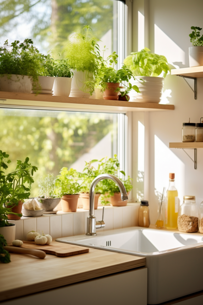 A kitchen with potted plants and a window.