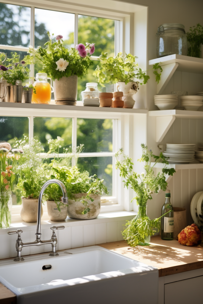 A kitchen with potted plants on the window sill.