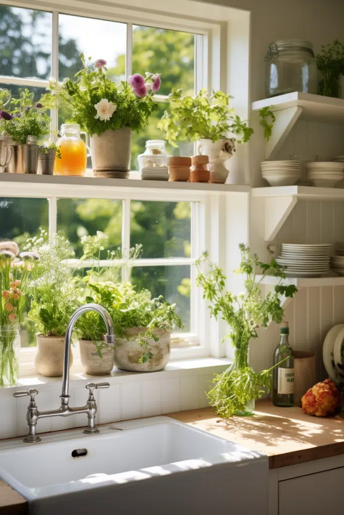 A kitchen with potted plants on the window sill, adding a touch of freshness to the space.