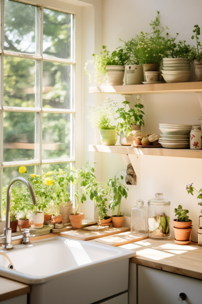 A kitchen with potted plants on shelves and a window.