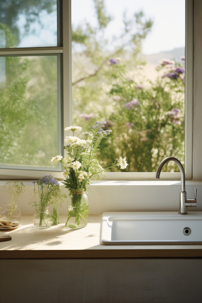 A kitchen window with flowers on the windowsill.