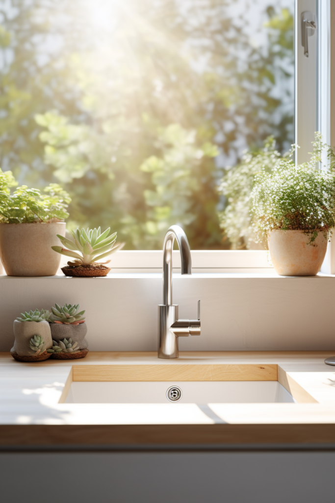 A kitchen window over the sink adorned with potted plants.