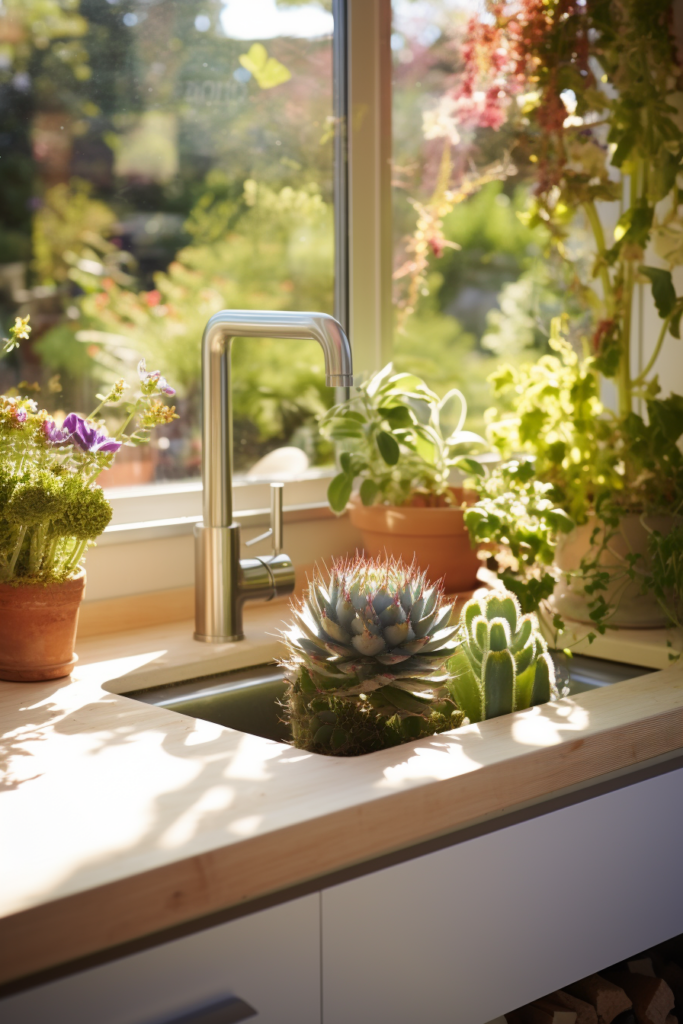 A kitchen window over a sink adorned with potted plants.