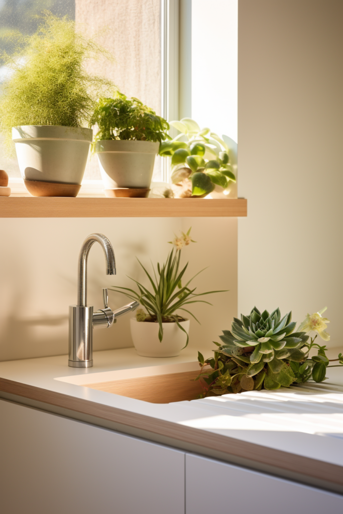 A kitchen window over sink adorned with potted plants.