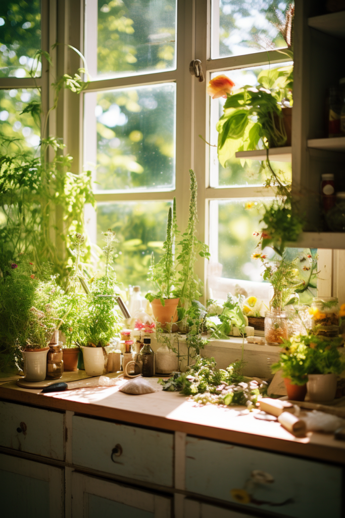 A kitchen window with an abundance of potted plants in a Kitchen Garden Window Over Sink.