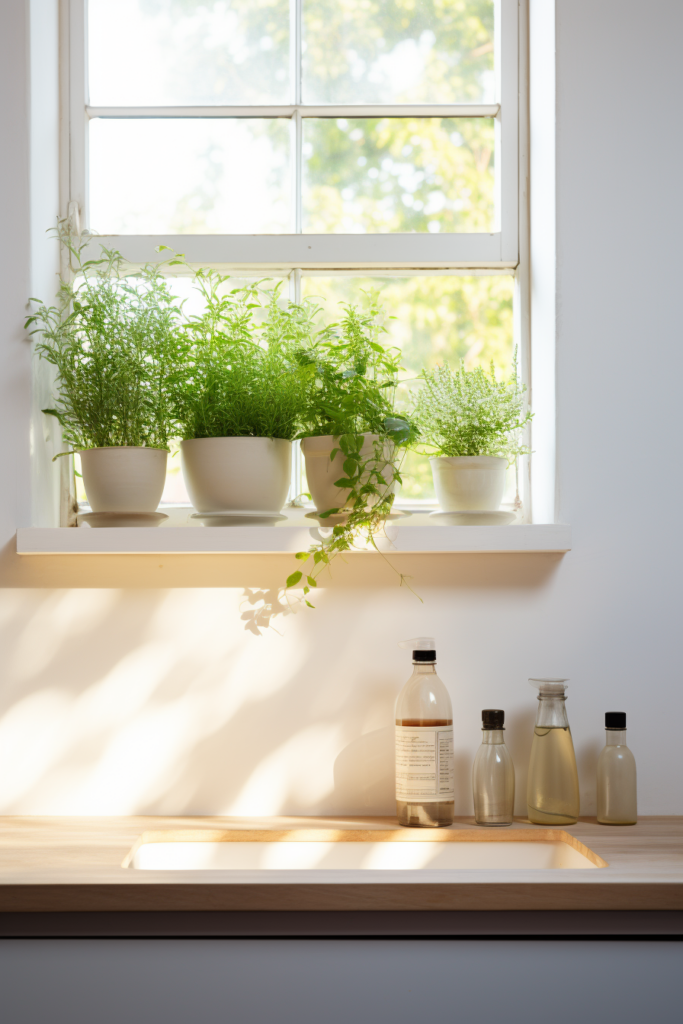 A kitchen window with plants over the sink.