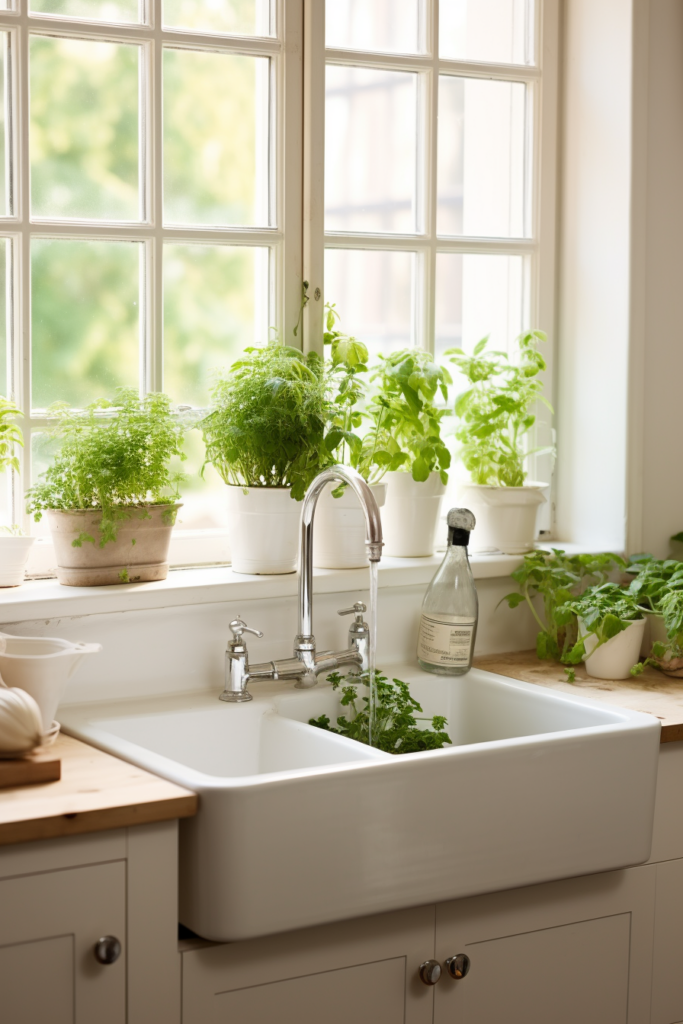 Elevate your kitchen decor with a charming touch of nature by adding potted herbs to the window sill above your kitchen sink. This clever use of space combines the functionality of a kitchen garden with