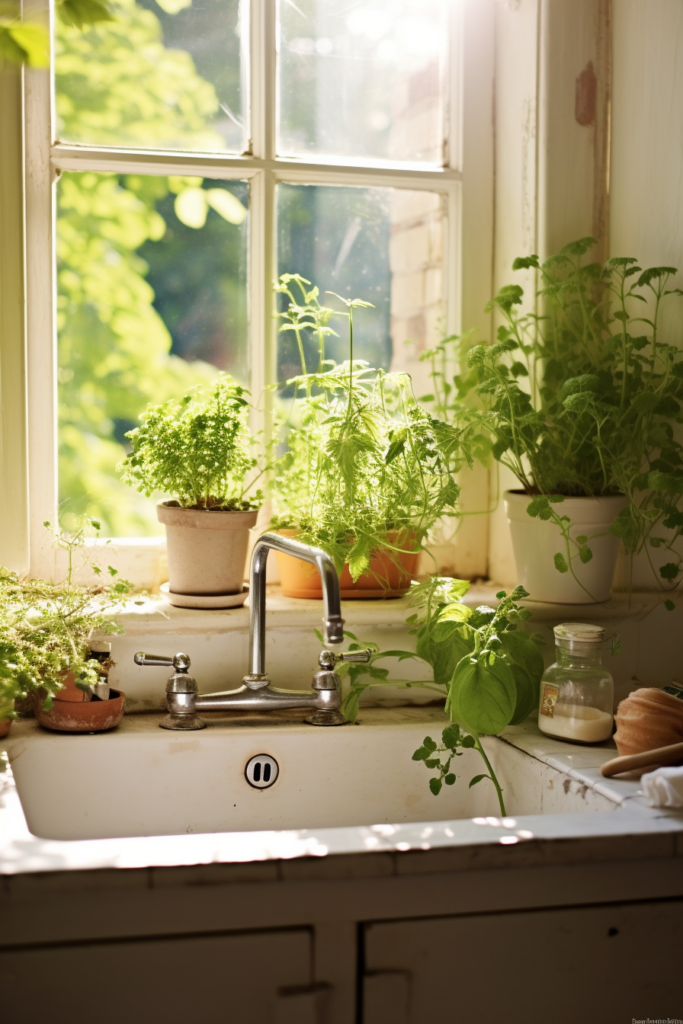 A kitchen window sill adorned with a variety of potted plants and herbs.