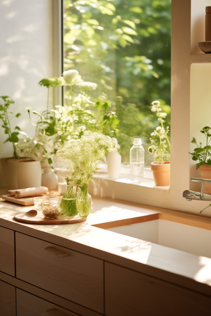 A kitchen sink adorned with a few potted plants, creating a delightful kitchen garden window display.