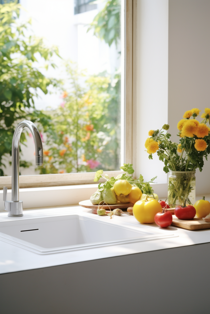 A white sink in a kitchen with a kitchen window over the sink.