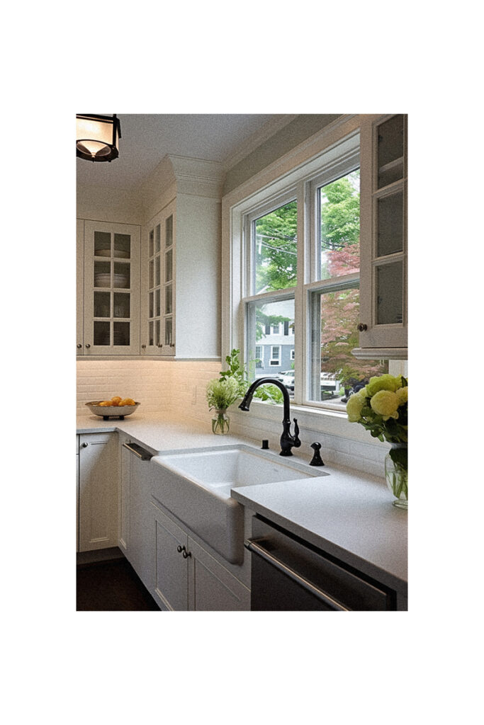 A kitchen with white cabinets and a window.