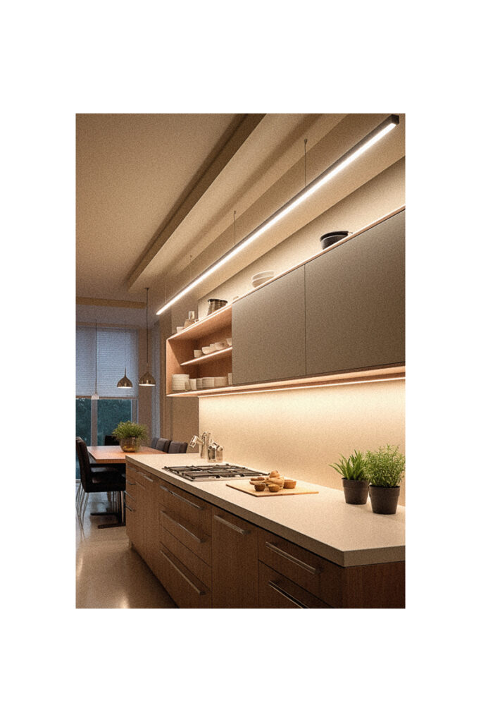An image of a kitchen with a wooden counter top and no window.