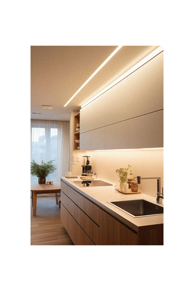 A modern kitchen with wooden counter top and kitchen lighting ideas.