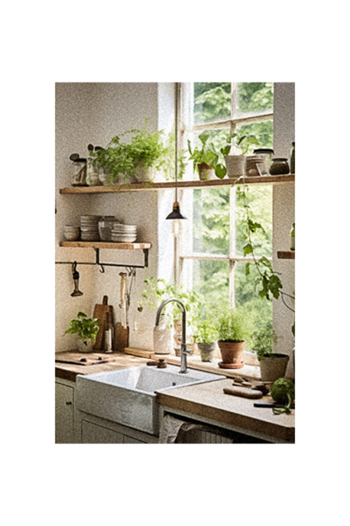 A kitchen with potted plants and a window showcasing kitchen lighting ideas and shelves.