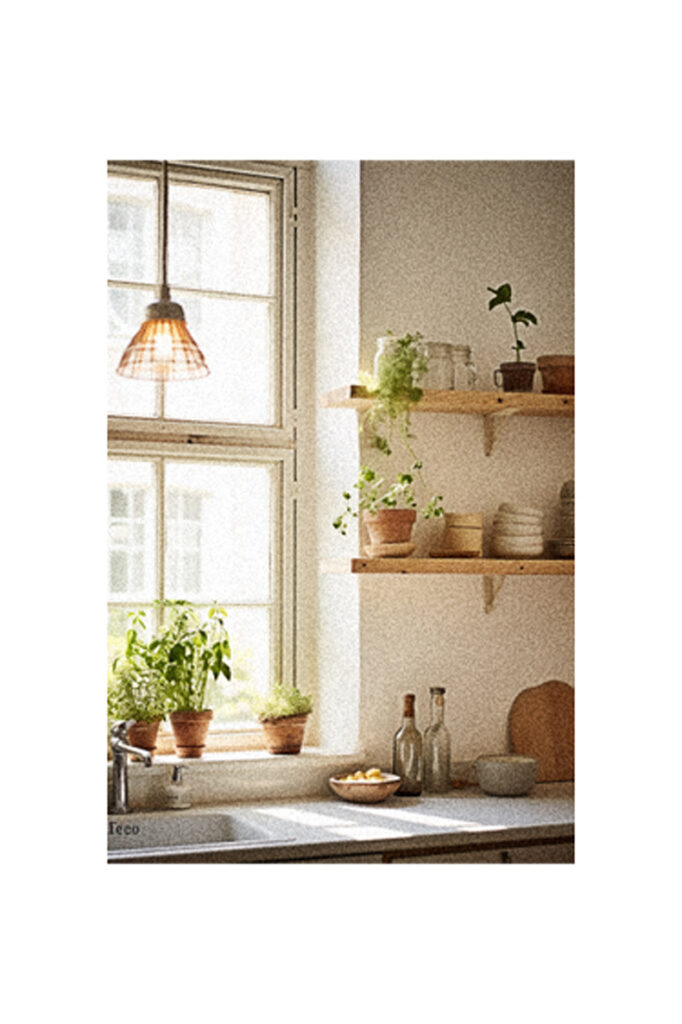 A kitchen with potted plants and a window.