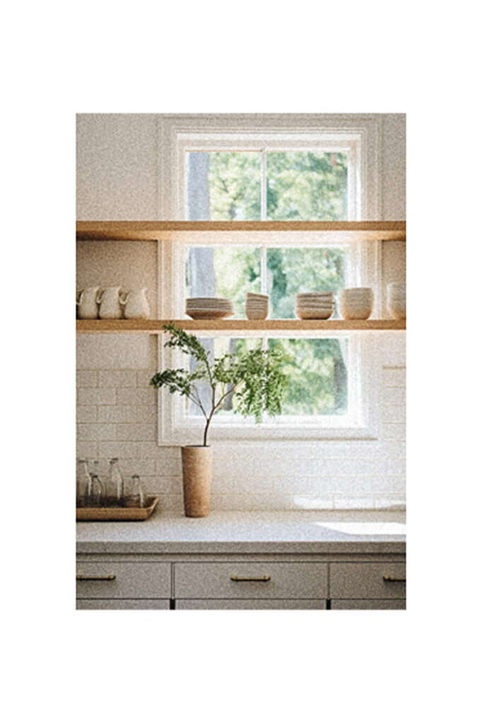 A kitchen with wooden shelves and a window.